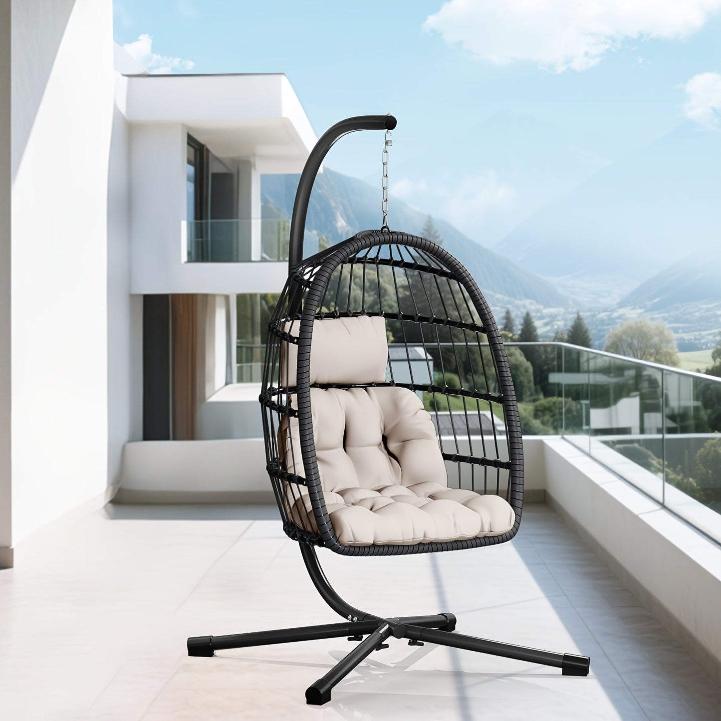 Outdoor Egg Chair with Stand Rattan Wicker Hanging Swing Hammock Chair Thickened Aluminum Frame UV-Resistant Cushion 350LBS Capacity Patio