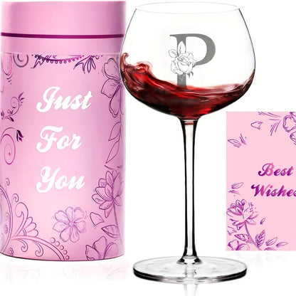 Personalized Wine Glass Gift for Women – A-Z Initial Letter Monogrammed Wine Glass with Gift Box & Greeting Card – Unique Birthday