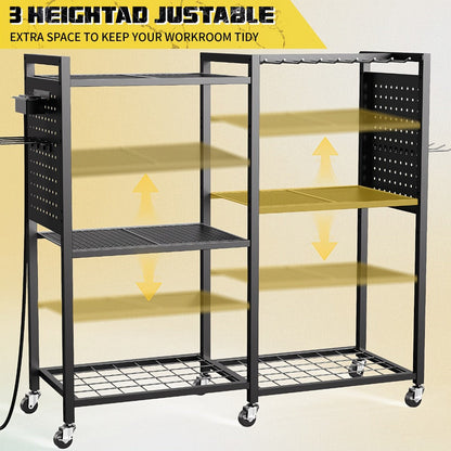 Mobile Tool Cart with Charging Station, 12 Drill Holders & 5 Storage Shelves Power Tool Organizer
