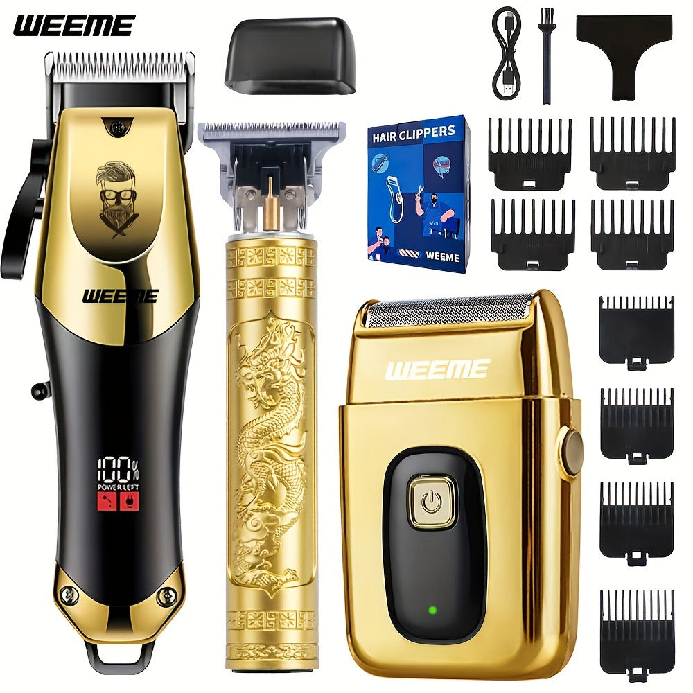 T-Blade Hair Clipper Set for Men – Golden Series USB Rechargeable Trimmer Kit with Guide Combs & Cleaning Brush, 1pc 2pcs 3pcs Options