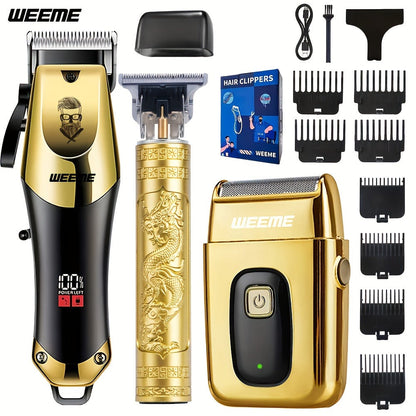 T-Blade Hair Clipper Set for Men – Golden Series USB Rechargeable Trimmer Kit with Guide Combs & Cleaning Brush, 1pc 2pcs 3pcs Options