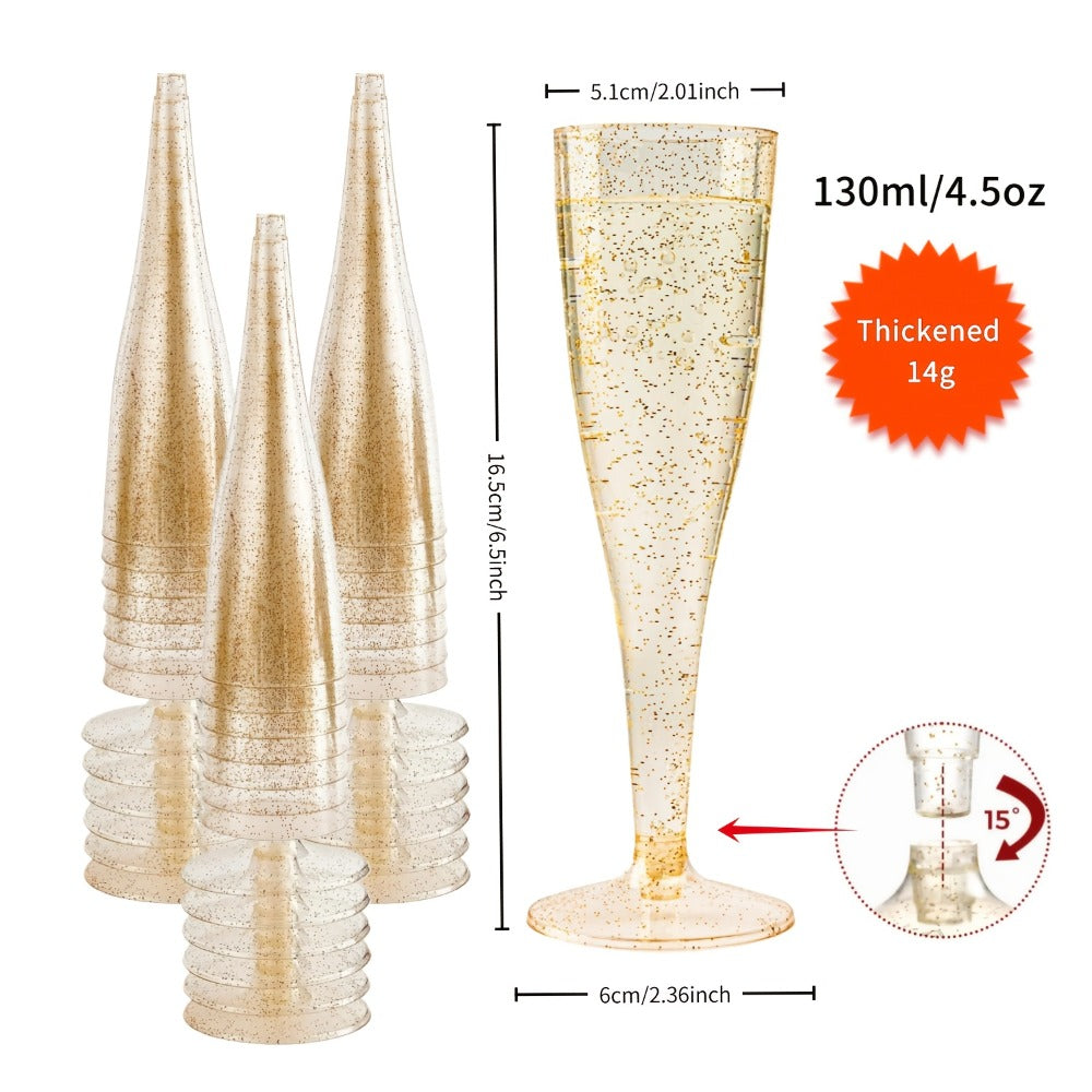 Plastic Champagne Flutes Bulk 25 50 Pack Disposable Reusable Golden Glitter Champagne Glasses for Entryways, Bedrooms and Living Spaces