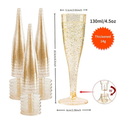 Plastic Champagne Flutes Bulk 25 50 Pack Disposable Reusable Golden Glitter Champagne Glasses for Entryways, Bedrooms and Living Spaces