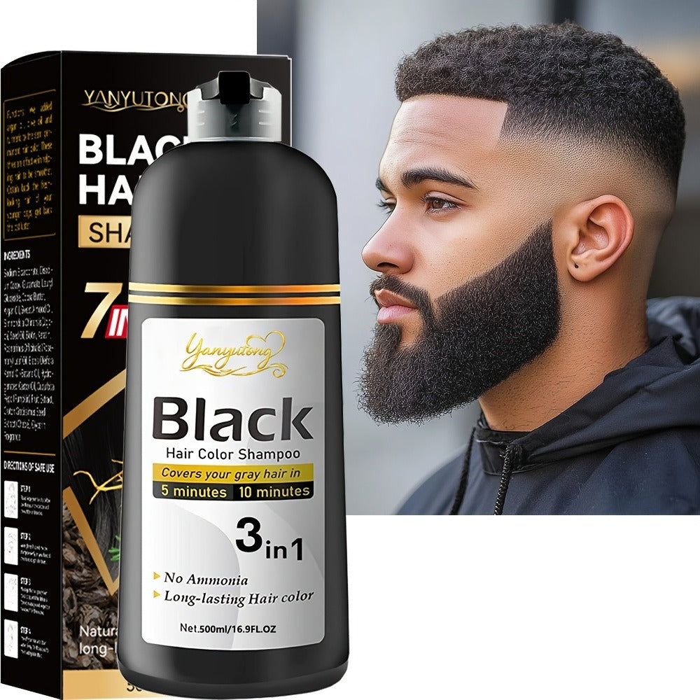 Hair Dye Shampoo, YANYUTONG 500ml Black 3-in-1 Pump Bottle for Hair and Beard Color Application