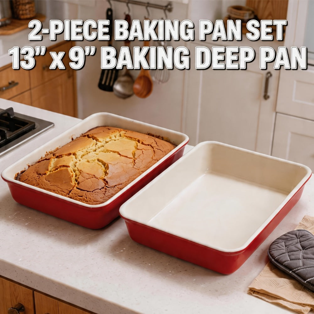 Two-Piece Red-and-Cream Baking Pan Set in Deep Rectangular or 9-Inch Square Checkout Options