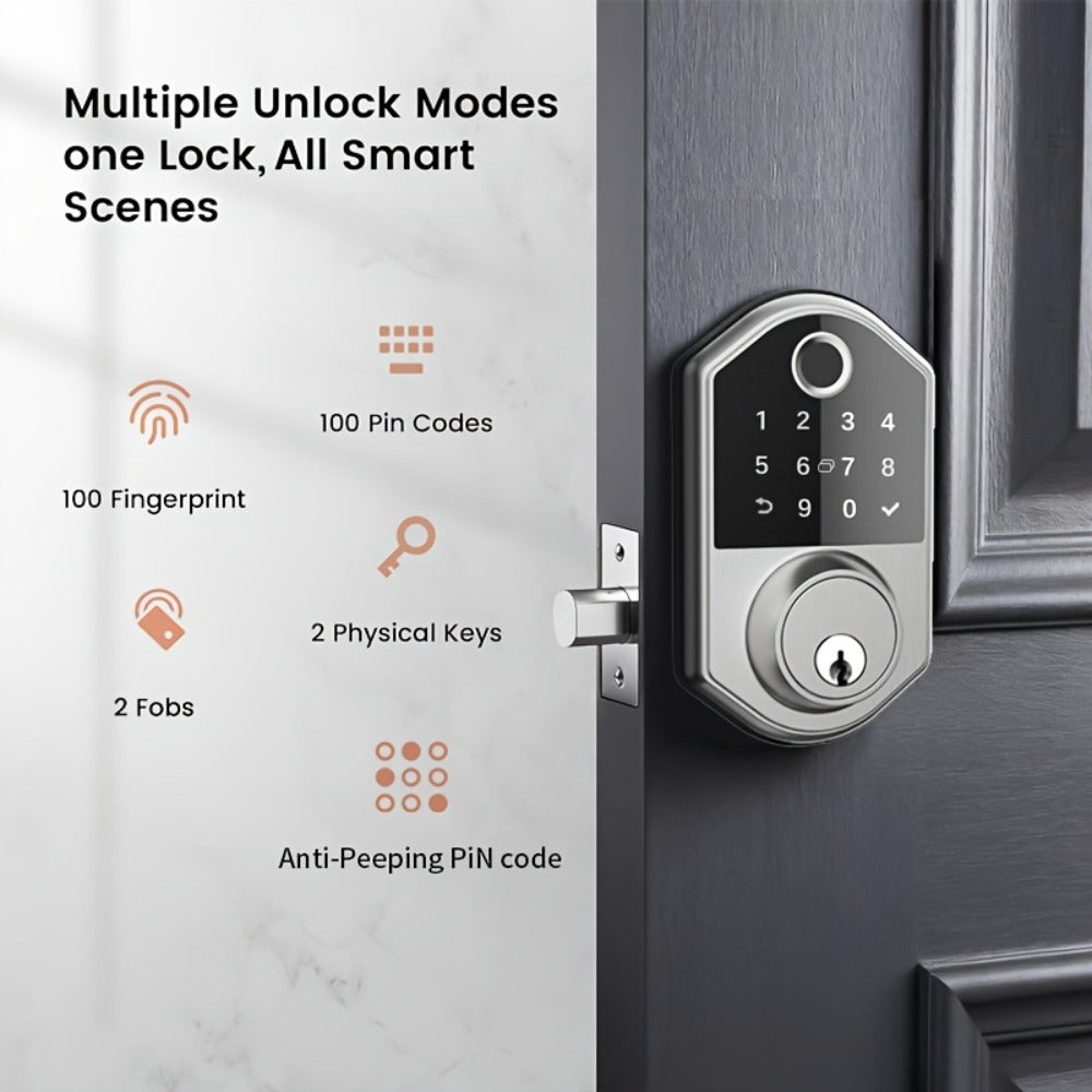 Smart Door Lock Deadbolt with Fingerprint PIN Key and Card or Cardless Black Silver Configurations