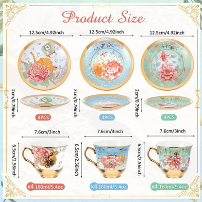 Floral Porcelain Tea Cups and Saucers Set of 12 – 5.4 Oz British Style Tea Party Cups – Classic Elegant Gift for Women