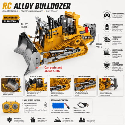 RC Bulldozer 9-Channel 2.4GHz Remote Control, Multifunctional Engineering Vehicle Toy with Alloy Metal Cover