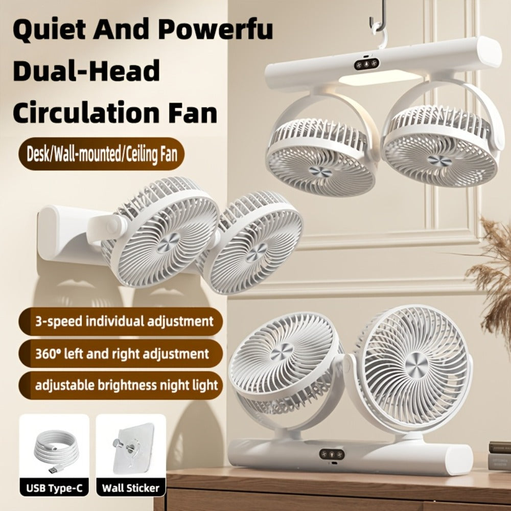 Double Head Air Circulation Fan USB Rechargeable, Desktop & Wall-Mounted 3-Speed Dual-Head Fan with Atmosphere Night Light