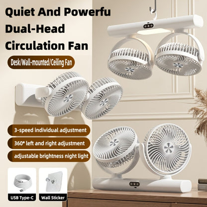 Double Head Air Circulation Fan USB Rechargeable, Desktop & Wall-Mounted 3-Speed Dual-Head Fan with Atmosphere Night Light