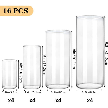 Clear Glass Cylinder Vases Set of 16, 4 6 8 10 Inch Tall Glass Vases for Centerpieces, Floating Candle Holders