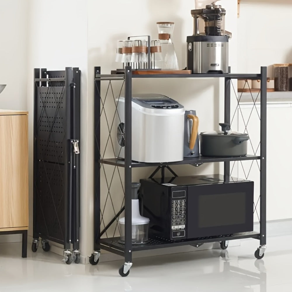 Heavy Duty Storage Rack with Wheels 3-Layer Foldable Metal Shelving Unit 750 LBS Capacity, Rolling Utility Cart for Garage Kitchen Pantry