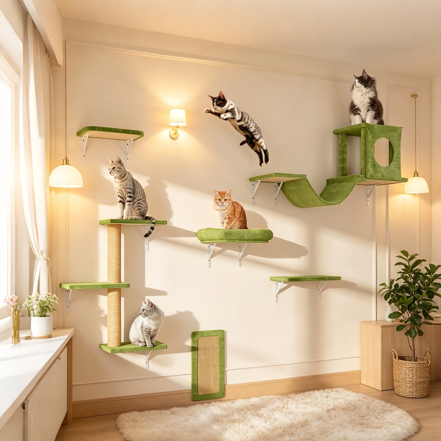 Cat Wall Shelf Climbing Set – 7-Piece Deluxe Wall Mounted Cat Furniture with Condo, Scratching Post, Bridge