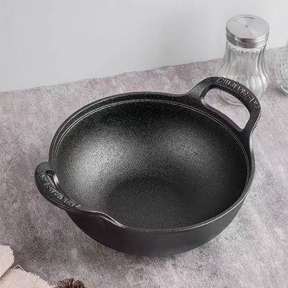 Cast Iron Wok Skillet Non-Stick Deep Stir Fry Pan with Dual Handles – Uncoated Traditional for Home Cooking, Dining and Outdoor Meals