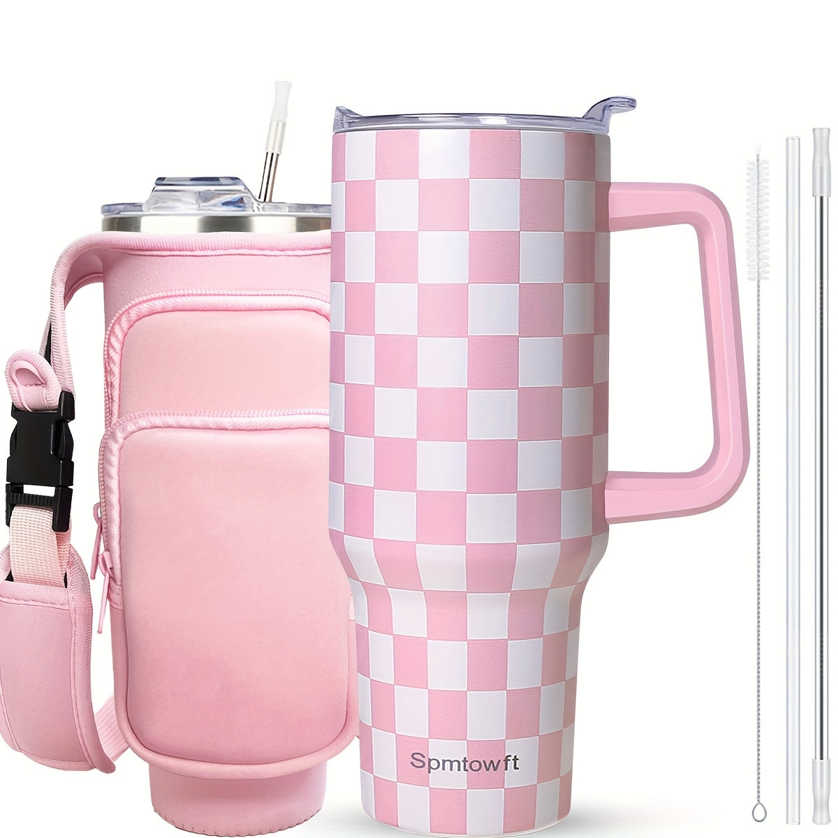 Handled 40oz Stainless Steel Tumbler with Straw Lid, Tapered Base and Five Color Options for Daily Use