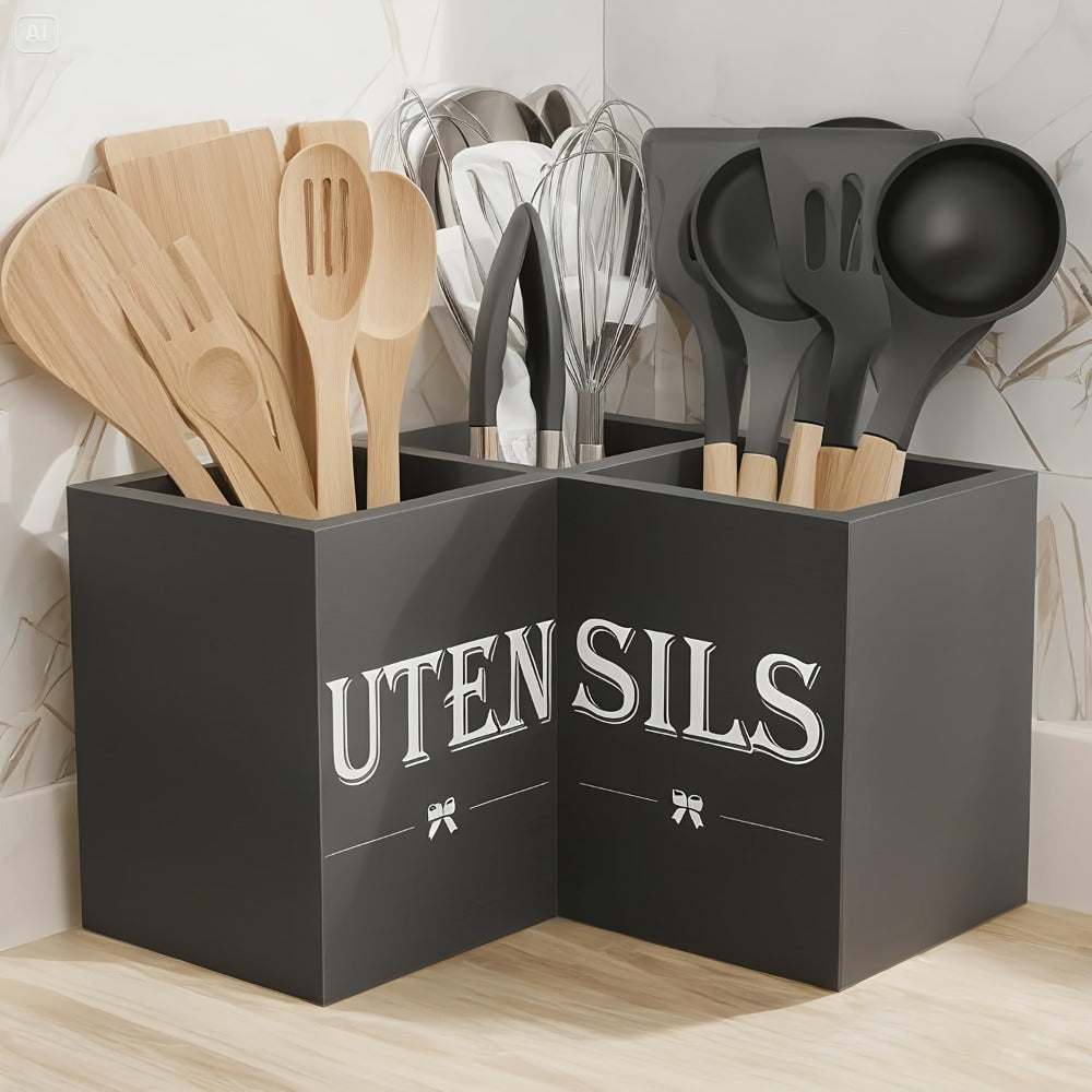 Utensil Caddy Kitchen Organizer 3-Compartment Solid Wood Countertop Holder in Black Farmhouse Style