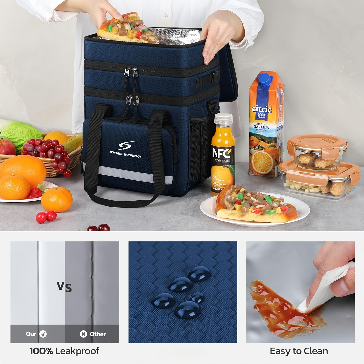 19L Triple-Compartment Lunch Bag with Three Stacked Zippers, Shoulder Strap and Four Color Options