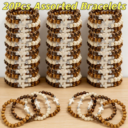 Cross Bracelets Bulk for Baptism Party Favors, 20/40PCS Vintage Ethnic Alloy Cross Pendant Woven Elastic Bracelets