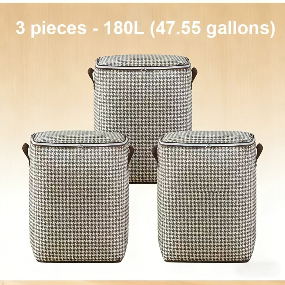 Large Storage Bags Houndstooth Non-Woven Fabric Organizer with Double Zipper & Handles – 160L/180L Dustproof Foldable Storage Box