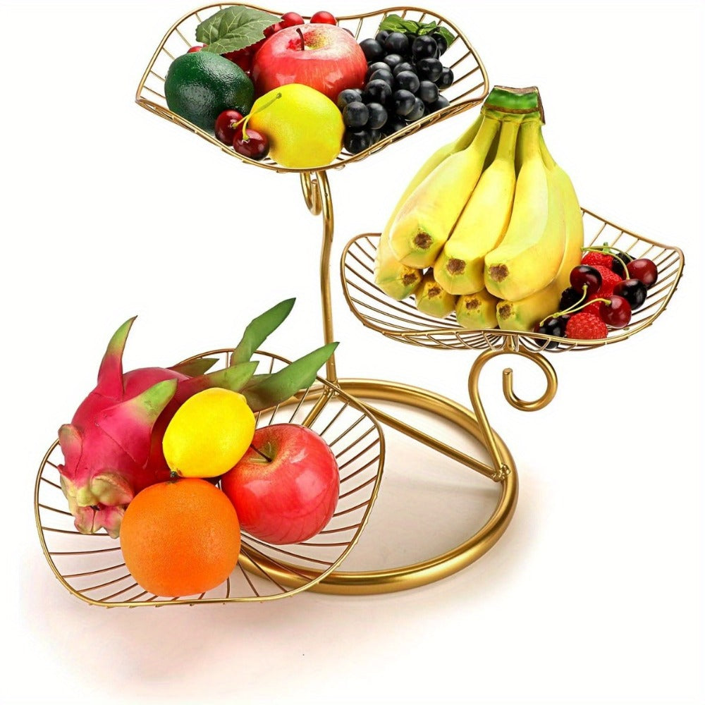 Fruit Basket Stand 3-Tier Decorative Iron Metal Wire Fruit Bowl with Lotus Leaf Design, Countertop Holder for Fruits Vegetables Bread