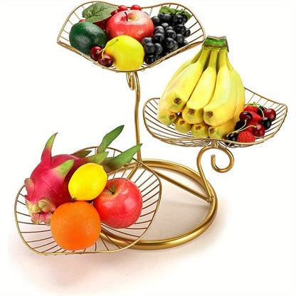 Fruit Basket Stand 3-Tier Decorative Iron Metal Wire Fruit Bowl with Lotus Leaf Design, Countertop Holder for Fruits Vegetables Bread