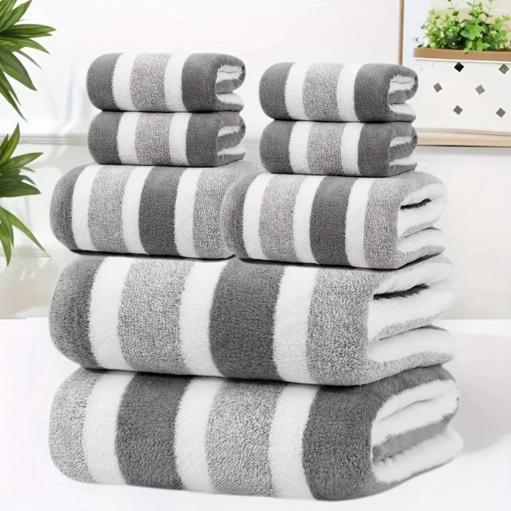 Bath Hand Towels, Towel Set 8 Piece Two-Color Striped Mix with 2 Bath, 2 Face and 4 Hand Towels in Four Colors