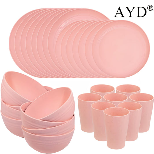 Wheat Straw Dinnerware Set 16 or 32 Piece – Plates & Bowls for 4 or 8 People, Microwave & Dishwasher Safe Plastic Dish Set
