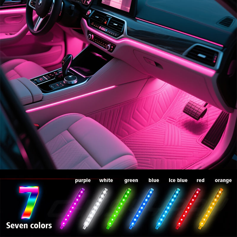 Car Interior Footwell Light Kit with Four Pictured Bars, App and Remote Control, Music-Responsive Color Modes