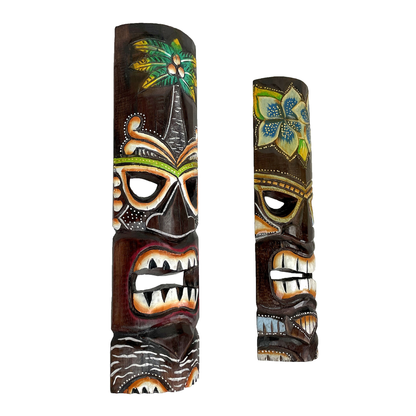 Tiki Wall Masks Set of 2 – Hand Carved Wooden 20" Tropical Decor with Palm Tree & Plumeria Designs for Indoor Outdoor Patio Bar