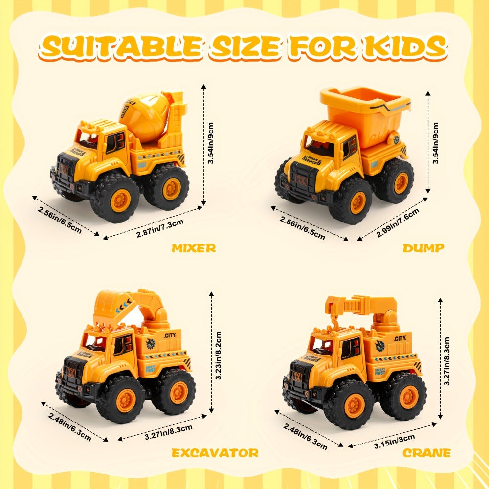 4-Piece Construction Truck Set for Kids, Excavator Dump Truck Crane Cement Mixer Sandbox STEM Engineering Vehicle Playset