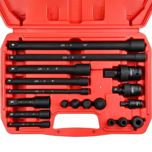 Socket Drive Accessory Kit 18-Piece – Socket Adapters, Extension Bars, Universal Joints & Impact Couplers Chrome-Moly Steel Professional