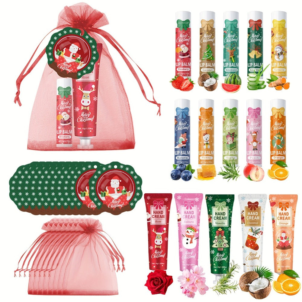 Bulk Gift Set 120 Pieces Lip Balm & Hand Cream with Red Velvet Bags & Holiday Cards – Moisturizing Party Favors for Colleagues