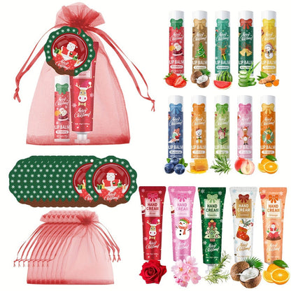 Bulk Gift Set 120 Pieces Lip Balm & Hand Cream with Red Velvet Bags & Holiday Cards – Moisturizing Party Favors for Colleagues