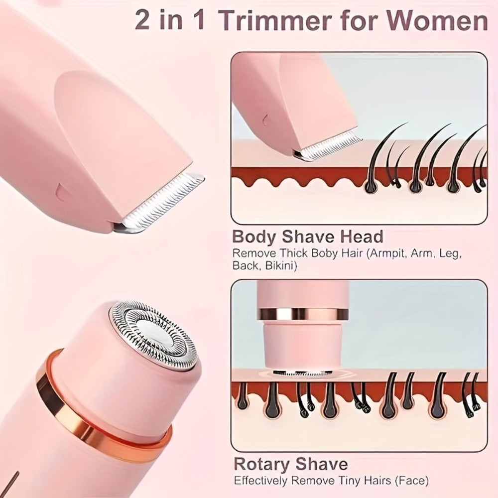 Bikini Trimmer Electric 2-in-1 Rechargeable Dual-Head Face Shaver for Women – Stainless Steel Blade USB Cordless Hair Remover for Bikini