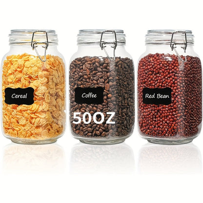 Airtight Glass Storage Jars with Lids 3-Pack 50 OZ, Square Food Canisters for Kitchen Pantry Organization