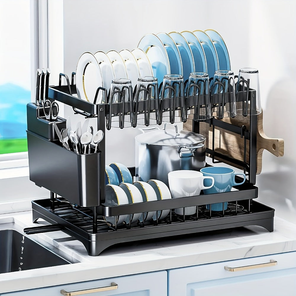 Dish Drying Rack 2 Tier with Drainboard for Kitchen Counter Metal Dish Drainer with Utensil for Home Cooking, Dining and Outdoor Meals