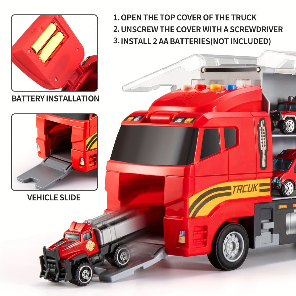 Fire Truck Toy Set for Kids Ages 3-6, Die-Cast Metal Carrier Truck with Play Mat, Emergency Vehicle Collection