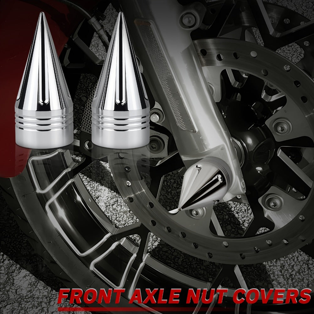 CNC Spike Motorcycle Front Axle Nut Covers Caps 3.6" – Fits Harley Touring Street Glide Road King Electra Glide Tri Glide 2008-Later