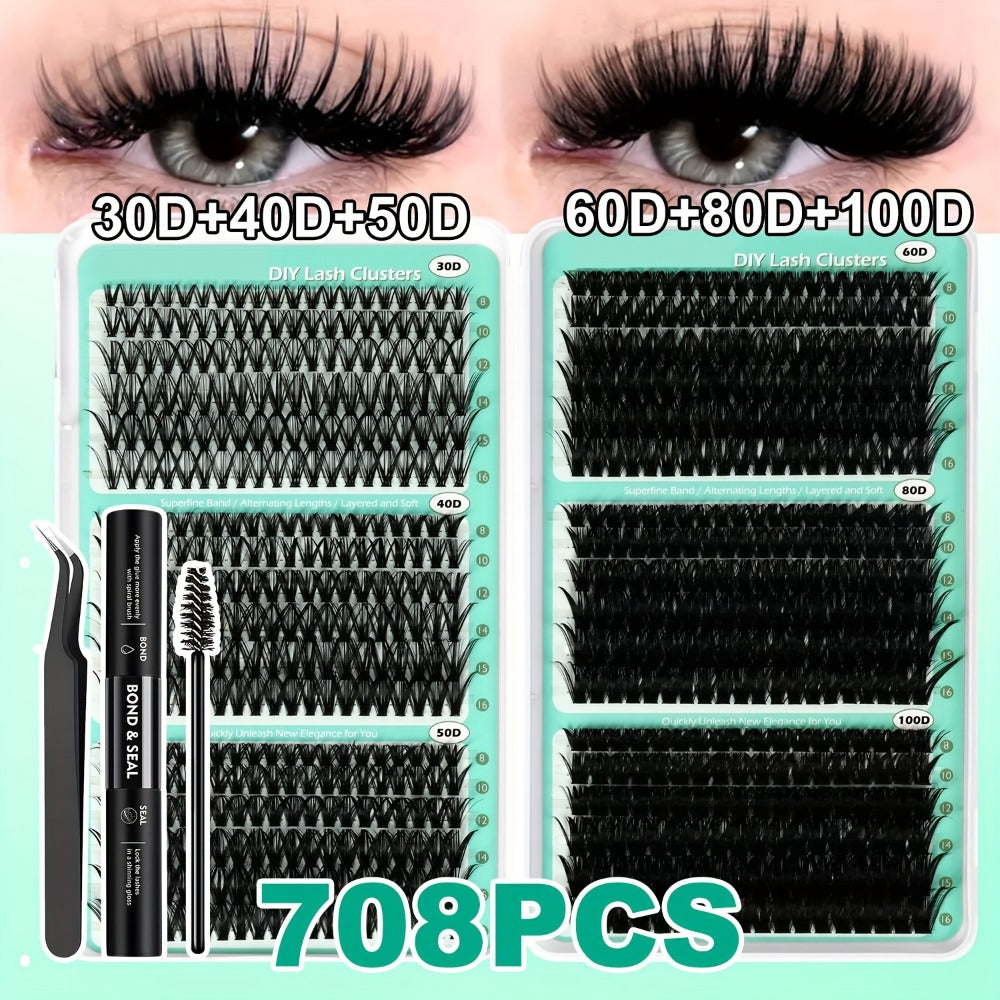 Lash Clusters Kit 708Pcs with Tweezers, Glue & Brush – Soft Silky Fiber False Eyelashes Full Voluminous DIY Lash Extension Set for Party