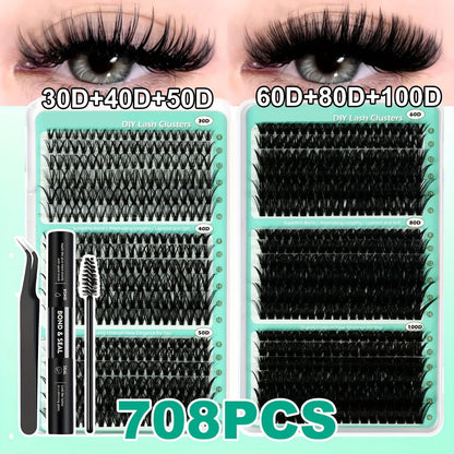 Lash Clusters Kit 708Pcs with Tweezers, Glue & Brush – Soft Silky Fiber False Eyelashes Full Voluminous DIY Lash Extension Set for Party