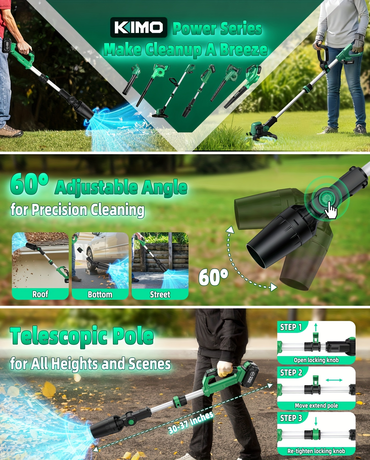 KIMO 20V Cordless Leaf Blower with Telescoping Tube, Three-Speed Label, Charger and One- or Two-Battery 4000mAh Sets