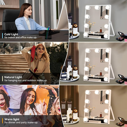 Makeup Mirror with Nine Bulb-Style LEDs, Three Light Colors, Touch Memory, 360° Rotation and Optional 5X Mirror