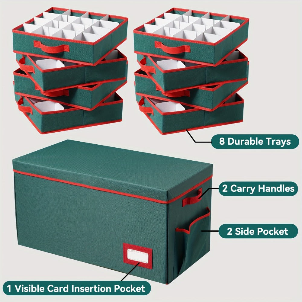 Christmas Ornament Storage Box 128 Slots 8 Trays Stackable Large Capacity Holiday Organizer with Lid Side Open Adjustable Dividers Removable
