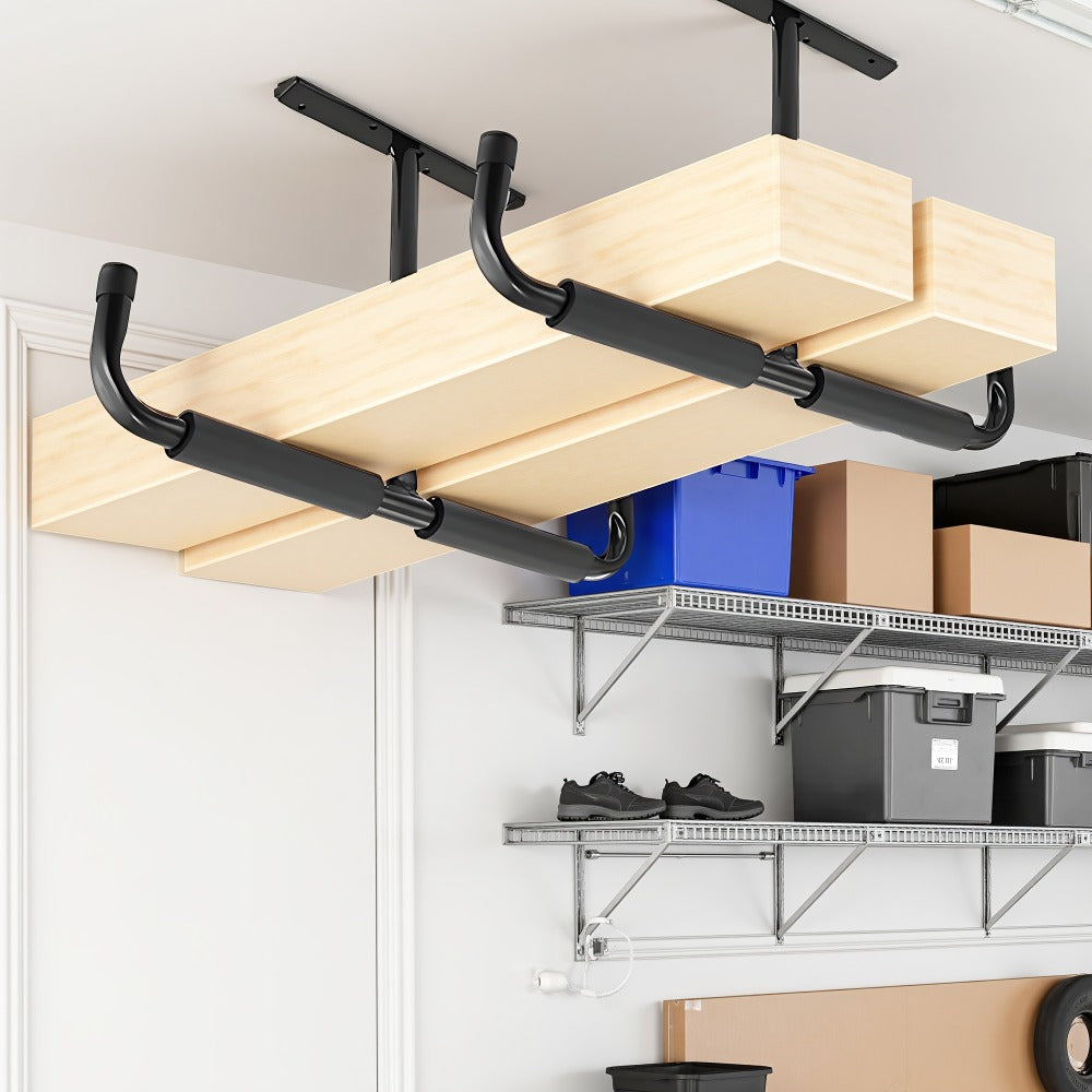 Ceiling Garage Storage Hook Rack, Overhead Ladder Hanger with Anti-Slip Foam, Space-Saving Ceiling Mount for Ladders