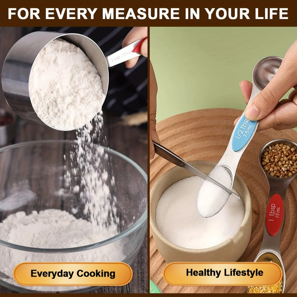 Stainless Steel Measuring Cups and Spoons Set 17 Piece – 8 Measuring Cups, 8 Double-Sided Spoons & 1 Leveler for Baking
