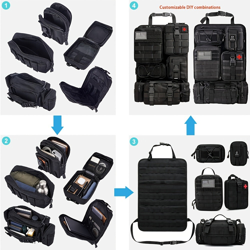 Black MOLLE-Style Seatback Car Organizer Panel with Five Detachable Pouches and Six Keychains