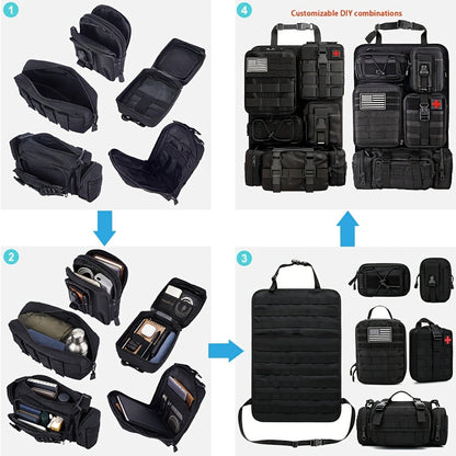 Black MOLLE-Style Seatback Car Organizer Panel with Five Detachable Pouches and Six Keychains