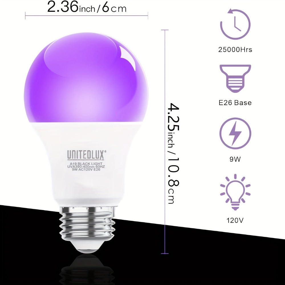 Black Light Bulbs 6 Pack A19 E26 LED UV Bulbs 9W 60W Equivalent 390-400nm UVA Glow in the Dark for Home, Desk and Accent Lighting