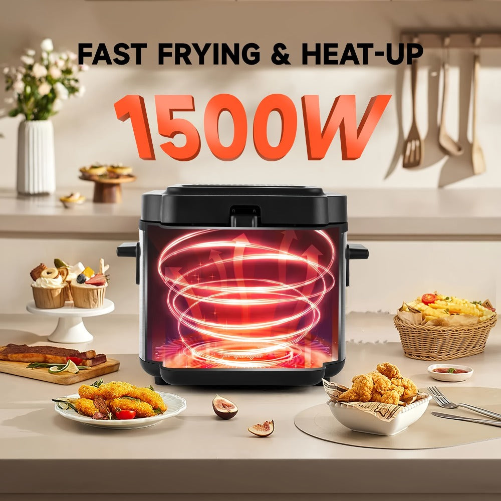 1500W Black Deep Fryer with 1.5L or 2.5L Capacity, Windowed Removable Lid and Temperature Dial
