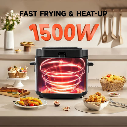 1500W Black Deep Fryer with 1.5L or 2.5L Capacity, Windowed Removable Lid and Temperature Dial